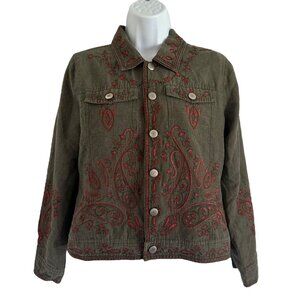 Willi Smith shirt shacket women's size S silk blend lined green, red embroidery